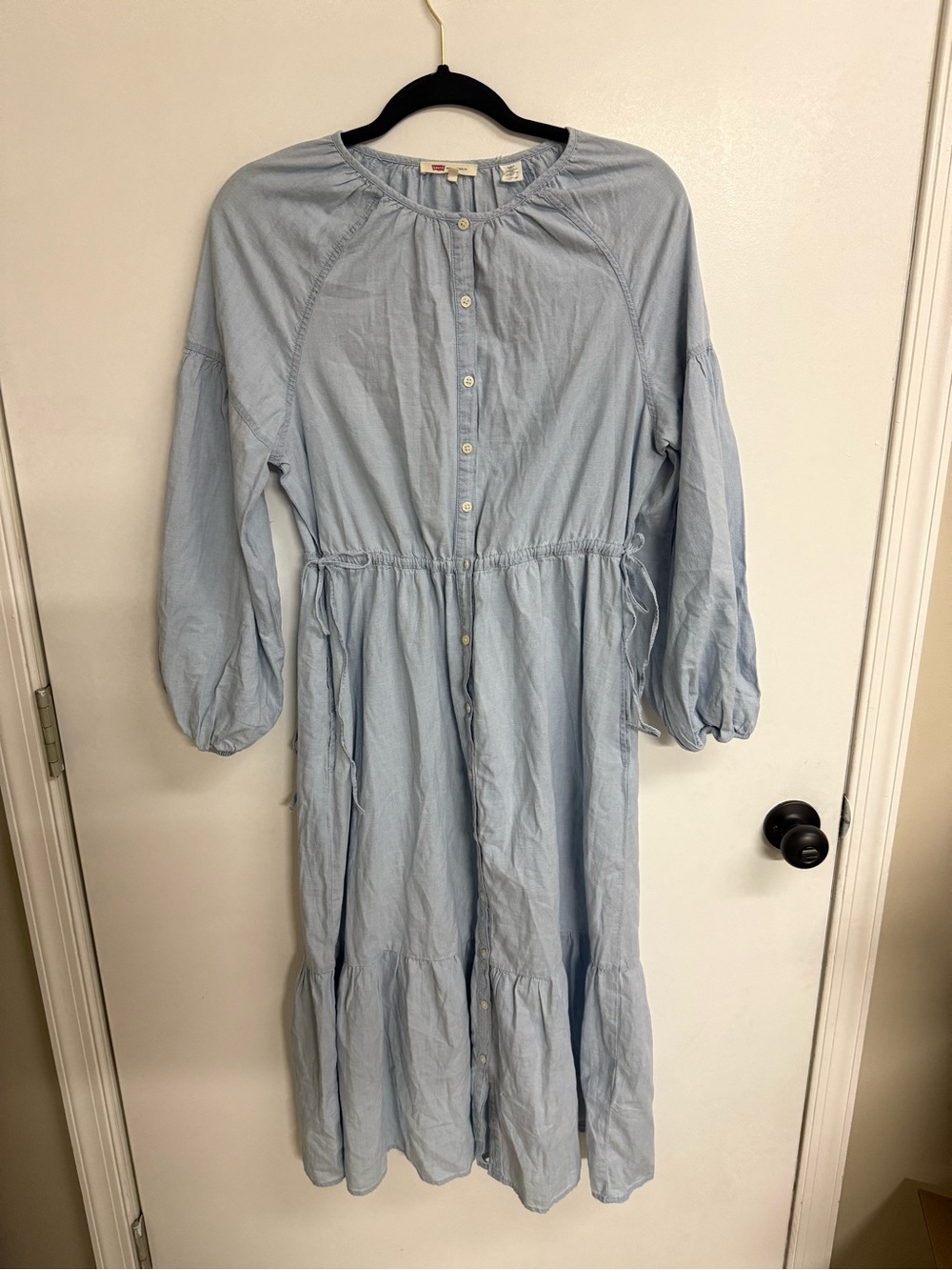 Light Blue Button-Front Tiered Dress with Drawstring Waist
